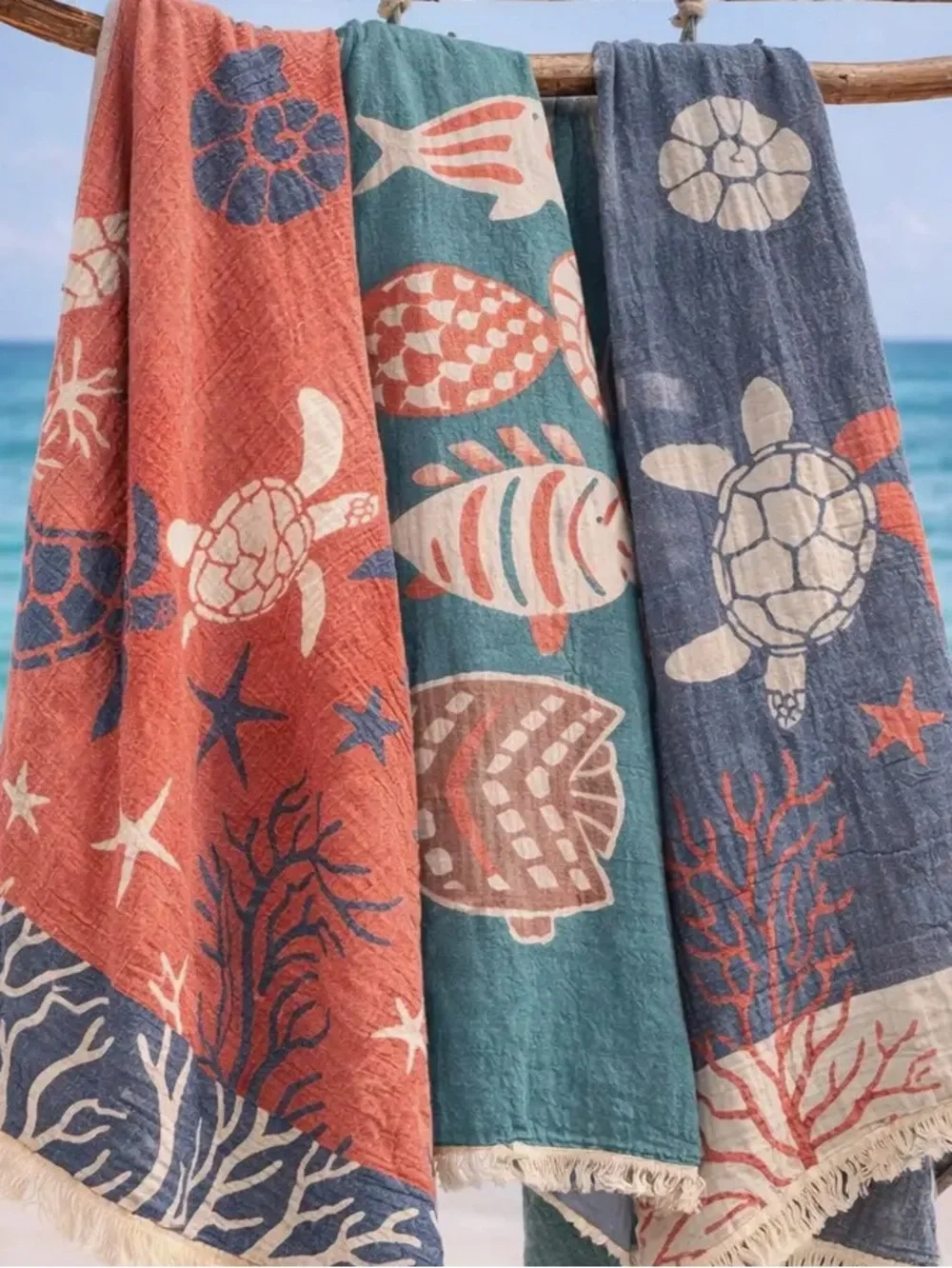 Modern Coastal Fish Woven Throw Towel Reversible Teal Coral FLiPSiDE NWT